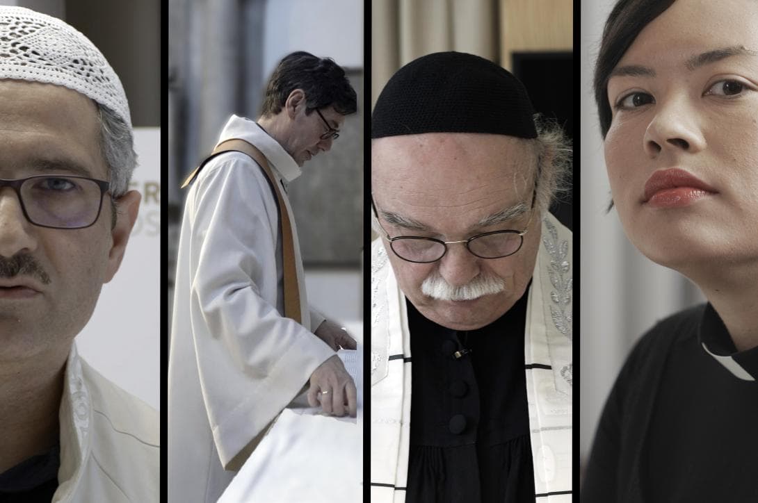 Die drei Weltreligionen versuchen in Berlin Dialog zu führen. Von links: Imam Kadir Sanci, Pfarrer Gregor Hohberg, Rabbiner Andreas Nachama, Pfarrerin Juni Hopee©Susanne_Bohlmann