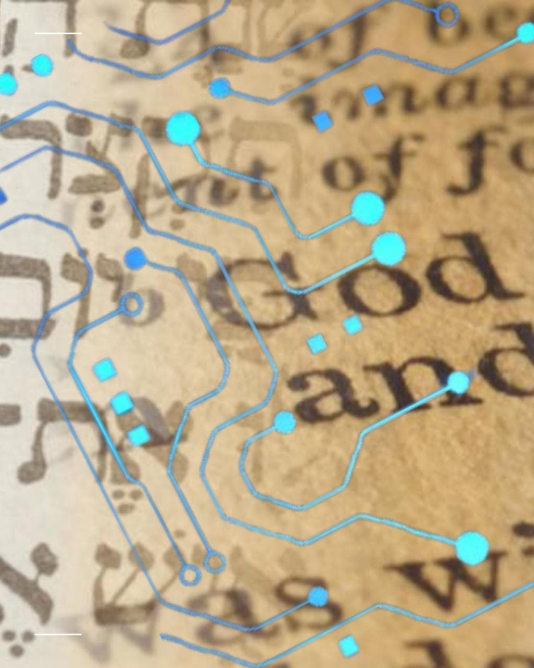 Textausschnitte aus Bibel, Tora und Koran, die übereinanderfließen. Darüber gelegt ist eine Zeichnung von vermeintlichen Datenlinien, um die KI zu illustrieren. 