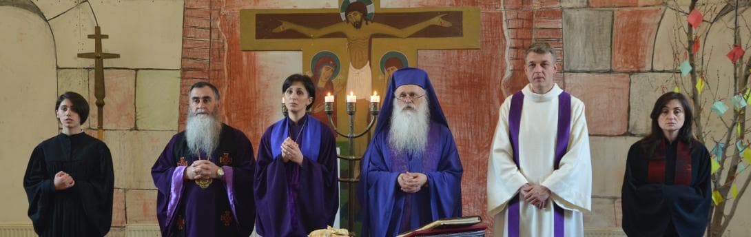 Bishop Rusudan, here surrounded by her colleagues in the Peace Cathedral Bishop Ilia and Bishop Malkhaz, is the first female Bishop in Georgia. 